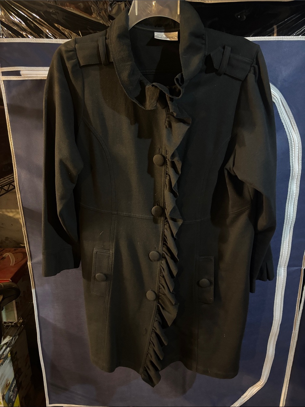 dressbarn Black Ruffle-Front Trench Coat
